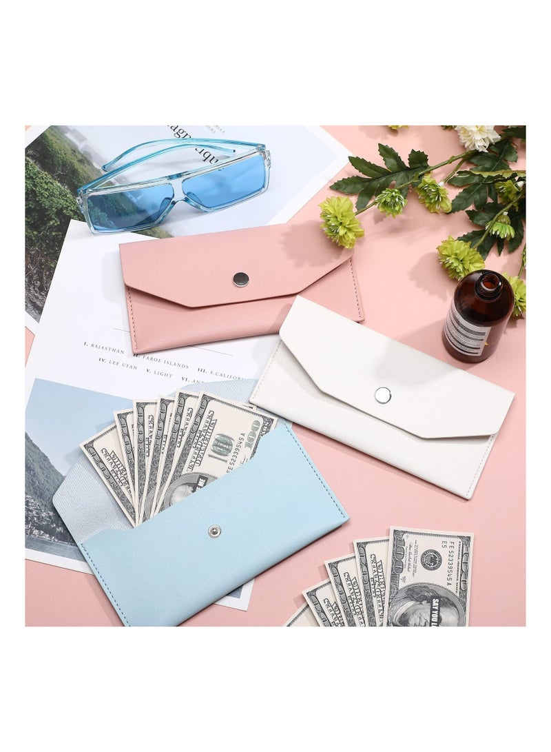 SYOSI 3 Pieces Cash Envelopes Bag PU Leather Cash Money Pouch Cash Wallet Envelope Reusable for Spring Festival Wedding Birthday Graduation Holidays (Blue, White, Pink)  - Image 2