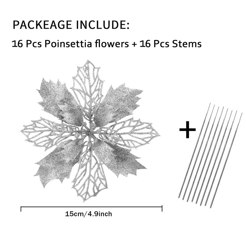 Wironlst 16 Pcs Glitter Poinsettia Flowers Artificial - Christmas White Poinsettia Decorations Tree Flowers Ornaments for Xmas/Holiday/Seasonal/Wedding Decor(Silver) - Image 2