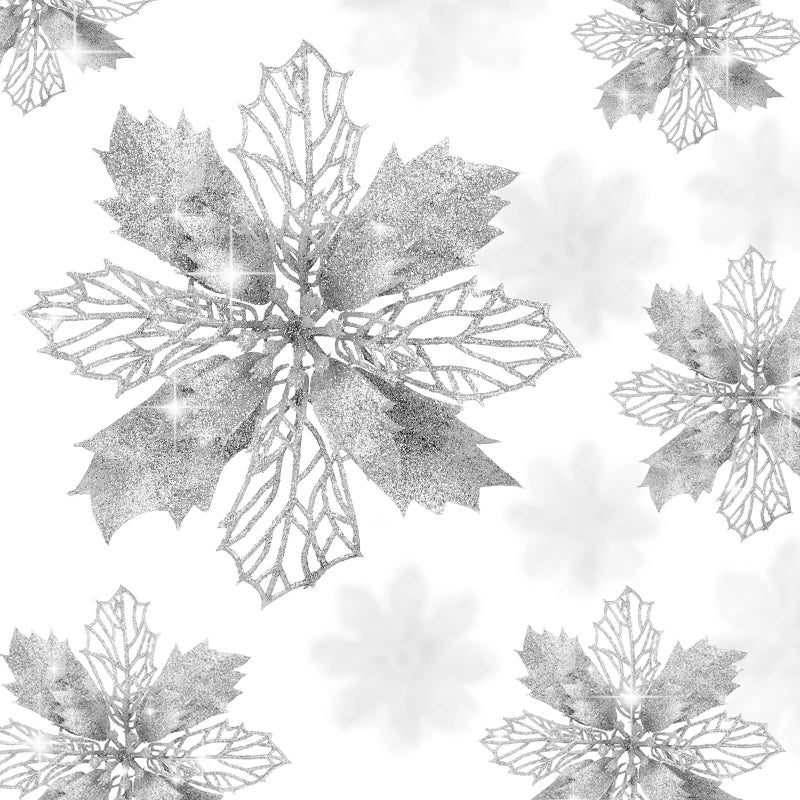 Wironlst 16 Pcs Glitter Poinsettia Flowers Artificial - Christmas White Poinsettia Decorations Tree Flowers Ornaments for Xmas/Holiday/Seasonal/Wedding Decor(Silver) - Image 1