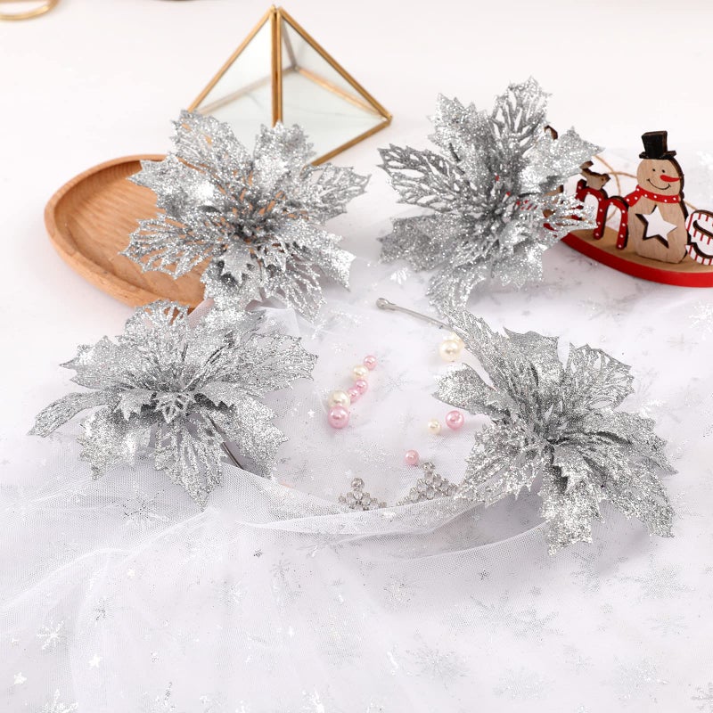 Wironlst 16 Pcs Glitter Poinsettia Flowers Artificial - Christmas White Poinsettia Decorations Tree Flowers Ornaments for Xmas/Holiday/Seasonal/Wedding Decor(Silver) - Image 3