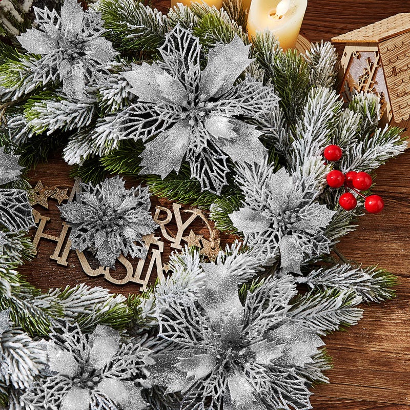 Wironlst 16 Pcs Glitter Poinsettia Flowers Artificial - Christmas White Poinsettia Decorations Tree Flowers Ornaments for Xmas/Holiday/Seasonal/Wedding Decor(Silver) - Image 5