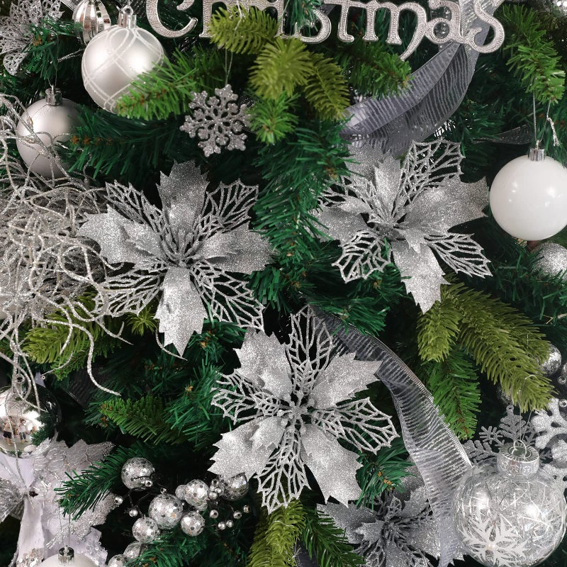 Wironlst 16 Pcs Glitter Poinsettia Flowers Artificial - Christmas White Poinsettia Decorations Tree Flowers Ornaments for Xmas/Holiday/Seasonal/Wedding Decor(Silver) - Image 4