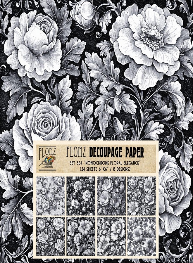 Decoupage Paper Pack (24 Sheets 6"x6") Monochrome Floral Elegance: Bold Black and White Decoupage Papers with Intricate Floral Patterns for Chic Crafts # Vintage Styled Paper for Craft