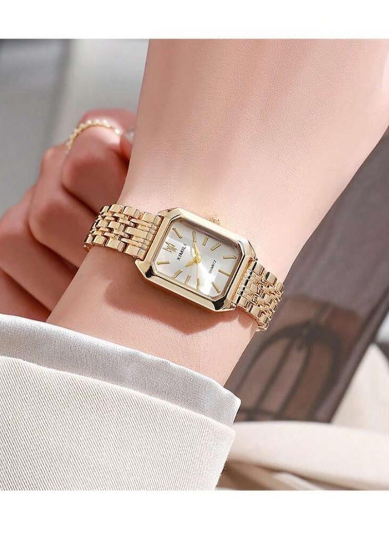 كوارتز ساعة كوارتز معدنية سلسلة إبداعية للنساء بقرص صغير بأرقام رومانية ساعة يد ذهبية مناسبة للارتداء اليومي  - Image 1