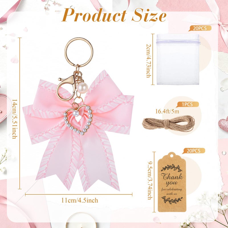 Ecation 20 Set Pearl Bow Keychain Party Favor Bulk Steel Keyring Charm Accessories Souvenir Present Kraft Tag Organza Bag for Guest Baptism Bridal Shower Valentine Coquette Wedding Gift(Pink) - Image 2