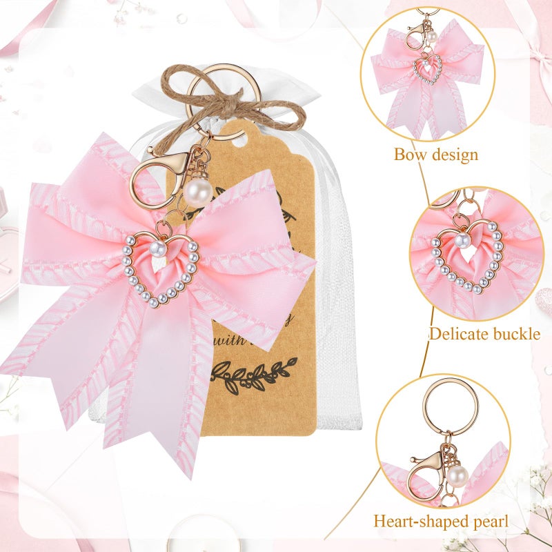 Ecation 20 Set Pearl Bow Keychain Party Favor Bulk Steel Keyring Charm Accessories Souvenir Present Kraft Tag Organza Bag for Guest Baptism Bridal Shower Valentine Coquette Wedding Gift(Pink) - Image 3