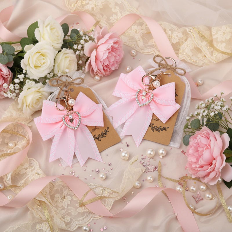 Ecation 20 Set Pearl Bow Keychain Party Favor Bulk Steel Keyring Charm Accessories Souvenir Present Kraft Tag Organza Bag for Guest Baptism Bridal Shower Valentine Coquette Wedding Gift(Pink) - Image 4