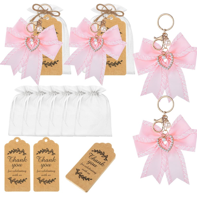 Ecation 20 Set Pearl Bow Keychain Party Favor Bulk Steel Keyring Charm Accessories Souvenir Present Kraft Tag Organza Bag for Guest Baptism Bridal Shower Valentine Coquette Wedding Gift(Pink) - Image 1