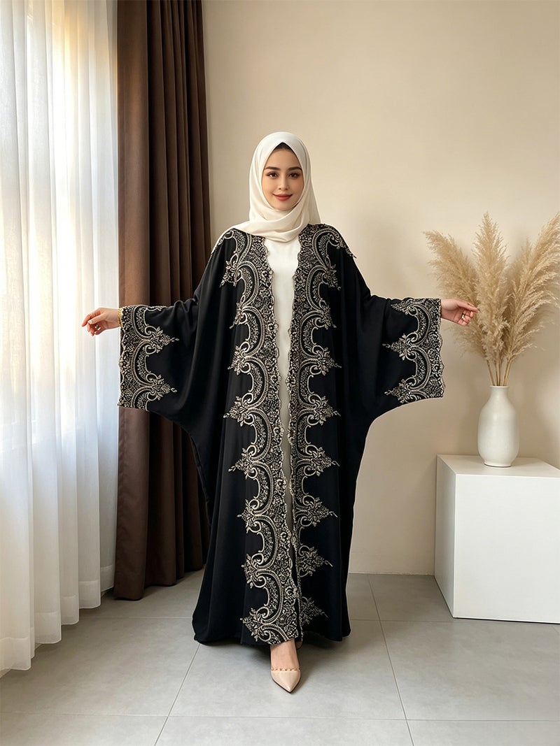Elegant Long Cardigan with Floral Lace Trim Abaya - Image 3