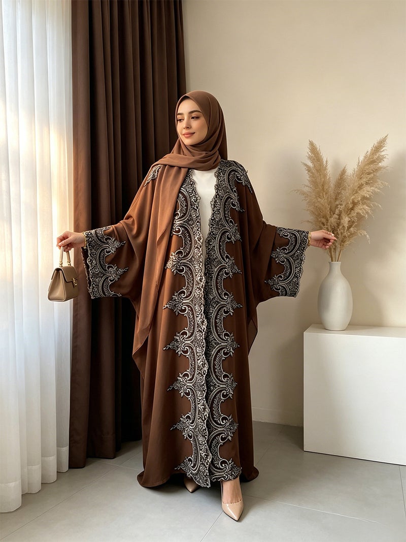 Elegant Long Cardigan with Floral Lace Trim Abaya - Image 5