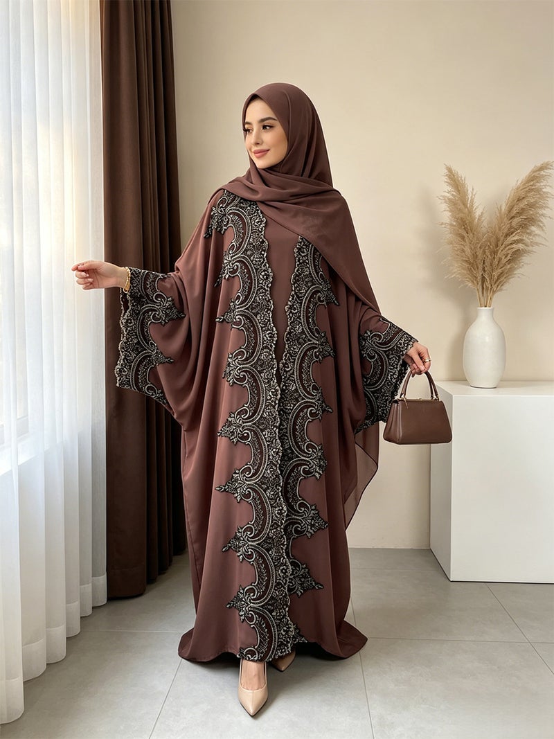 Elegant Long Cardigan with Floral Lace Trim Abaya - Image 2