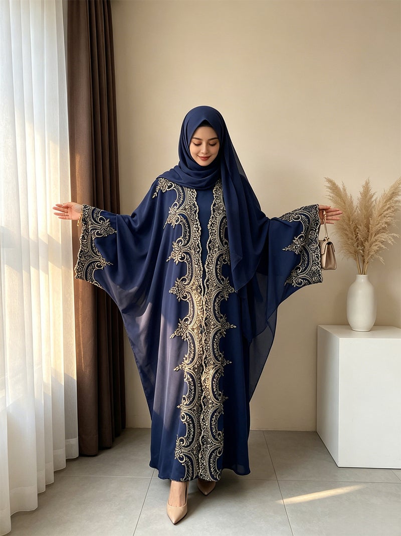 Elegant Long Cardigan with Floral Lace Trim Abaya - Image 4