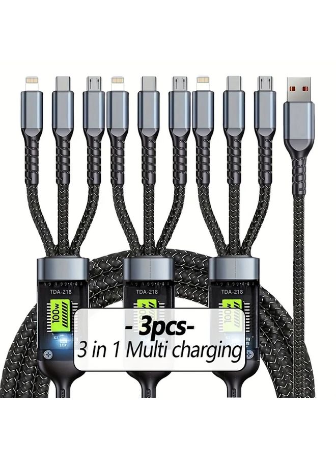 3Pcs 3in1 Multi USB Charging Cable Nylon Braided Fast Charger 1.2m - Image 3