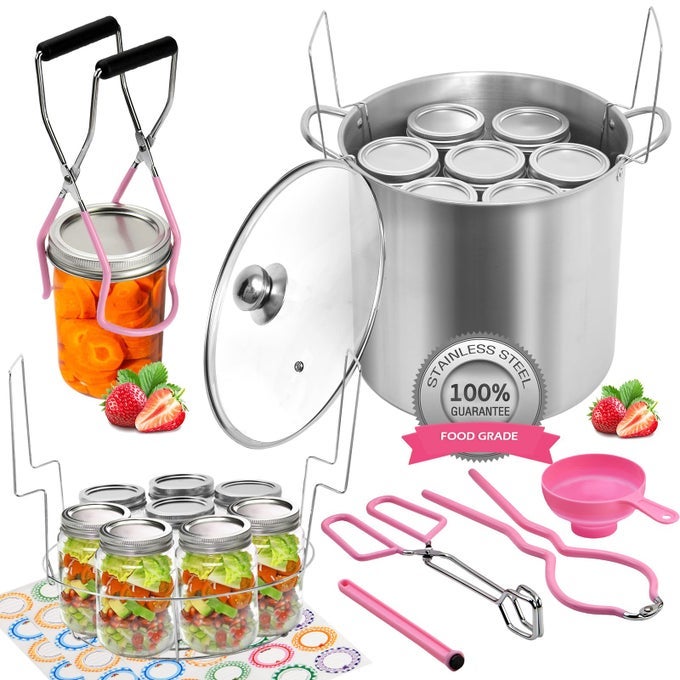 CANNING POT WATER BATH CANNER WITH RACK AND LID 215 QUART STAINLESS STEEL STOCK POTS CANNING SUPPLIES STARTER KIT JAR LIFTER TONGS FUNNELS AND FULL CANNING ACCESSORIES TOOLS SET PINK