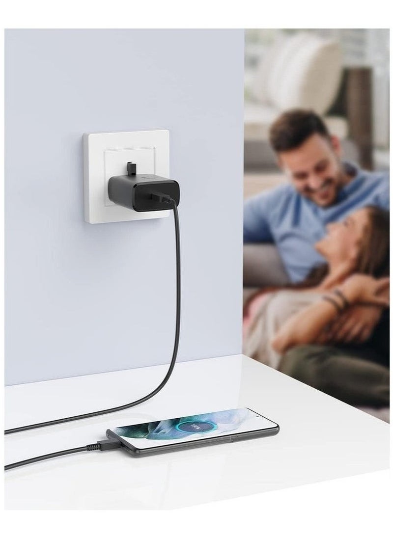 شاحن سريع للغاية بقوة 45 وات مع مقبس نوع C وكابل USB C (1.5 متر مرفق به) - محول حائط للشحن السريع بطول 1.5 متر، متوافق مع أجهزة S24 Ultra/S24 Plus/S23 FE/S24/S22/S21 S20، A54 A25 A15 A05S A53 A34 A23 5G، Z Fold 4 5/Z Filp، Tab S7 S8، وأجهزة أخرى، أسود