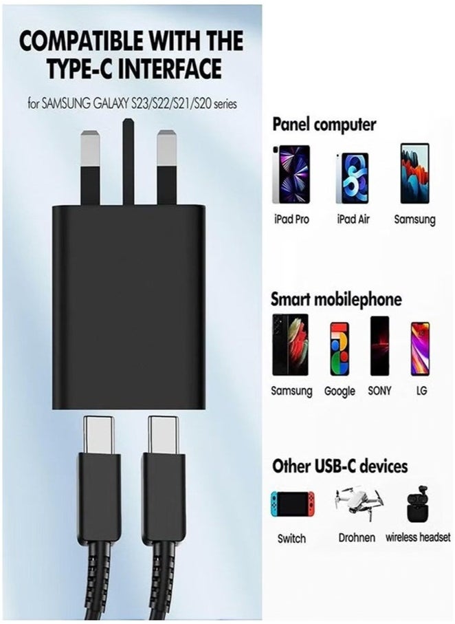 شاحن سريع للغاية بقوة 45 وات مع مقبس نوع C وكابل USB C (1.5 متر مرفق به) - محول حائط للشحن السريع بطول 1.5 متر، متوافق مع أجهزة S24 Ultra/S24 Plus/S23 FE/S24/S22/S21 S20، A54 A25 A15 A05S A53 A34 A23 5G، Z Fold 4 5/Z Filp، Tab S7 S8، وأجهزة أخرى، أسود