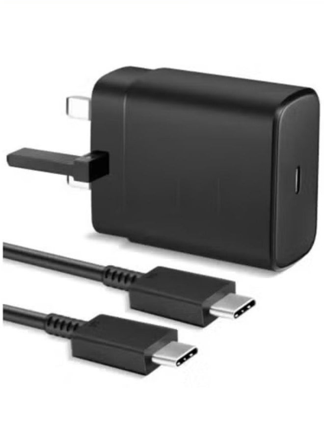 شاحن سريع للغاية بقوة 45 وات مع مقبس نوع C وكابل USB C (1.5 متر مرفق به) - محول حائط للشحن السريع بطول 1.5 متر، متوافق مع أجهزة S24 Ultra/S24 Plus/S23 FE/S24/S22/S21 S20، A54 A25 A15 A05S A53 A34 A23 5G، Z Fold 4 5/Z Filp، Tab S7 S8، وأجهزة أخرى، أسود