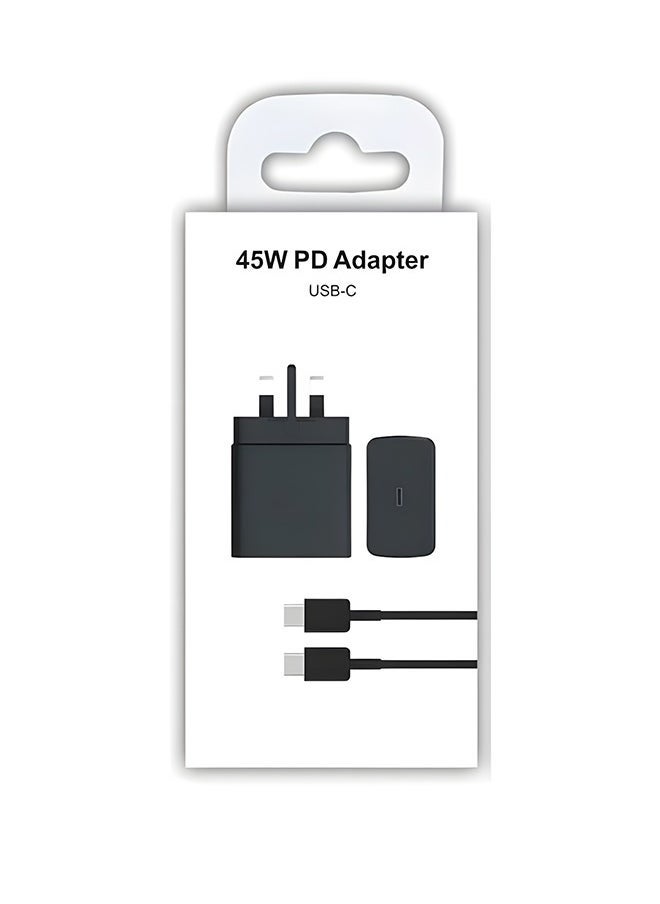 شاحن سريع للغاية بقوة 45 وات مع مقبس نوع C وكابل USB C (1.5 متر مرفق به) - محول حائط للشحن السريع بطول 1.5 متر، متوافق مع أجهزة S24 Ultra/S24 Plus/S23 FE/S24/S22/S21 S20، A54 A25 A15 A05S A53 A34 A23 5G، Z Fold 4 5/Z Filp، Tab S7 S8، وأجهزة أخرى، أسود