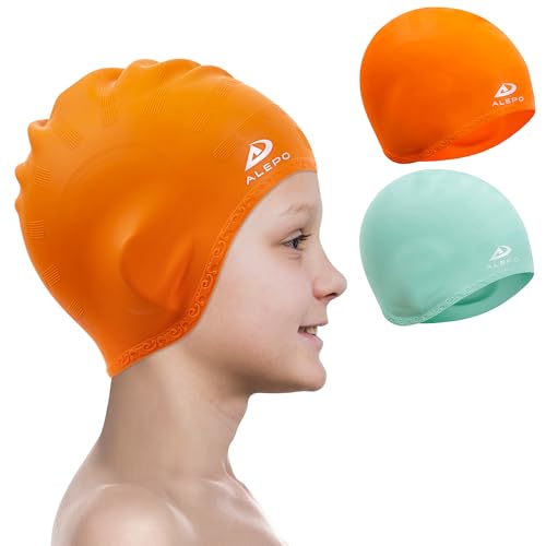 Alepo 2 Pack Kids Swim Caps for Boys Girls, Durable Silicone Swimming Cap with 3D Ear Pockets for Age 3-15 Toddler Child Youth Teen, Unisex Swim Bath Hats for Short/Long Hair with Ear Plugs Nose Clip-10 - Image 1