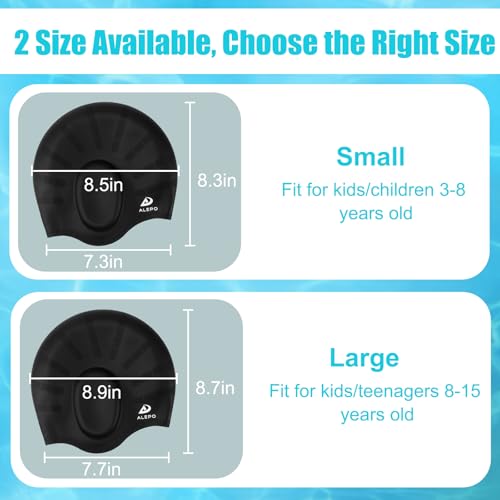 Alepo 2 Pack Kids Swim Caps for Boys Girls, Durable Silicone Swimming Cap with 3D Ear Pockets for Age 3-15 Toddler Child Youth Teen, Unisex Swim Bath Hats for Short/Long Hair with Ear Plugs Nose Clip-10 - Image 2