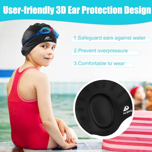 Alepo 2 Pack Kids Swim Caps for Boys Girls, Durable Silicone Swimming Cap with 3D Ear Pockets for Age 3-15 Toddler Child Youth Teen, Unisex Swim Bath Hats for Short/Long Hair with Ear Plugs Nose Clip-10 - Image 5