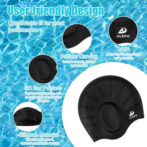 Alepo 2 Pack Kids Swim Caps for Boys Girls, Durable Silicone Swimming Cap with 3D Ear Pockets for Age 3-15 Toddler Child Youth Teen, Unisex Swim Bath Hats for Short/Long Hair with Ear Plugs Nose Clip-10 - Image 4
