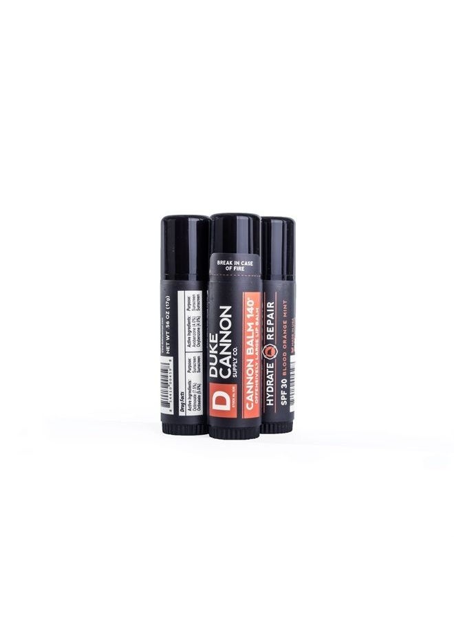 Duke Cannon Supply Co. Tactical Lip Protectant Cannon Balm 140 for Men (Blood Orange Mint) Multi-Pack - Superior Performance, Heavy-Duty, SPF 30, Large Balm for Hard Working Men, 0.56 oz (3 Pack)  - Image 1