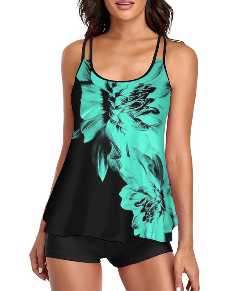 Urchics Stylish Swim Suits for Women Slimming Tankini Set Adjustable Straps 2 Piece Swimwear Tropical Hawaii Beach Pool Party Photoshoot Flattering Hides Belly Perfect for Vacation Black Blue Flower XL - Image 1