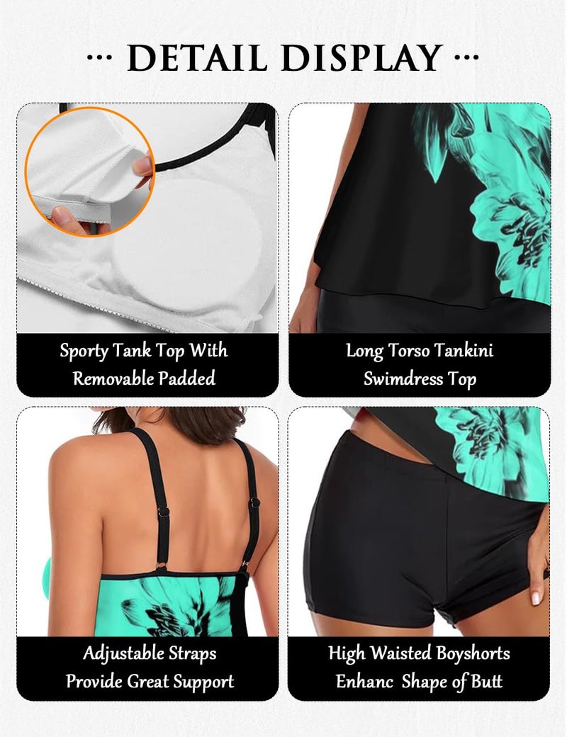Urchics Stylish Swim Suits for Women Slimming Tankini Set Adjustable Straps 2 Piece Swimwear Tropical Hawaii Beach Pool Party Photoshoot Flattering Hides Belly Perfect for Vacation Black Blue Flower XL - Image 4