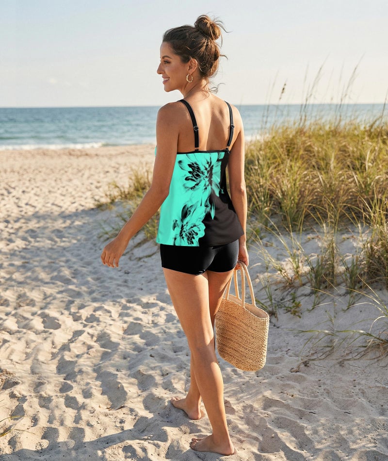 Urchics Stylish Swim Suits for Women Slimming Tankini Set Adjustable Straps 2 Piece Swimwear Tropical Hawaii Beach Pool Party Photoshoot Flattering Hides Belly Perfect for Vacation Black Blue Flower XL - Image 3