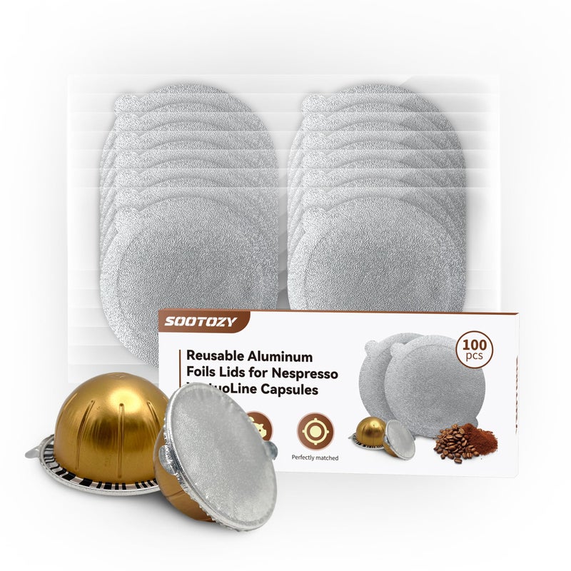sootozy Reusable Pods for Nespresso Capsules VertuoLine, 100pcs Refillable Aluminum Covers Foil Seals Lids (Pods Not Included), Compatible for Nespresso VertuoPlus Espresso Machine - Image 1