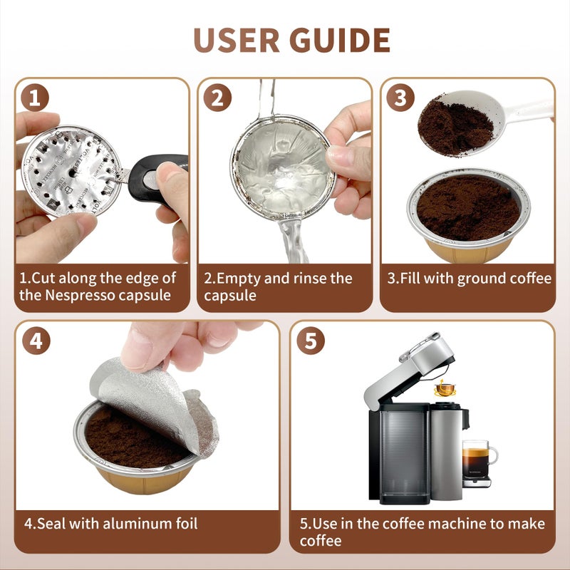 sootozy Reusable Pods for Nespresso Capsules VertuoLine, 100pcs Refillable Aluminum Covers Foil Seals Lids (Pods Not Included), Compatible for Nespresso VertuoPlus Espresso Machine - Image 4