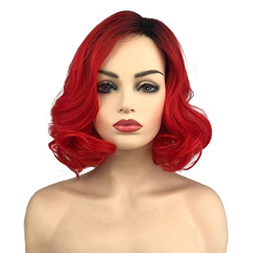 باروكة حمراء قصيرة مع جذور سوداء بتقنية الجسم الموجي للنساء مقاومة للحرارة