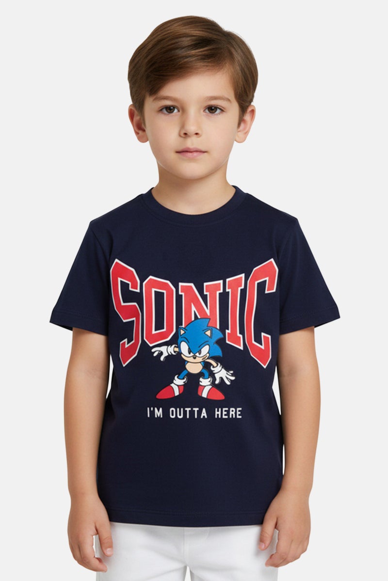 SONIC تي شيرت قصير الأكمام بطبعة جرافيك للأولاد من ديزني × سونيك القنفذ، أزرق داكن - Image 1