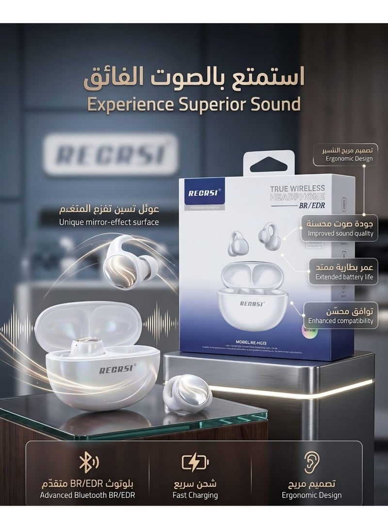 سماعة بلوتوث RECRSI RE-HG13 اللاسلكية - تصميم مرآة عصري - شحن سريع - صوت فائق النقاء - بلوتوث BR/EDR متطور - لون أبيض لؤلؤي