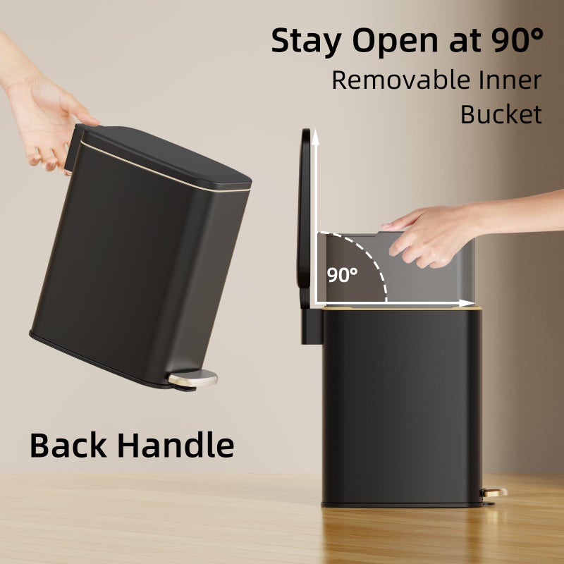 KSSKSS Small Bathroom Trash Can with Lid Soft Close, Step Pedal, 6L / 1.6 Gal Stainless Steel Garbage Bin with Removable Inner Bucket, Slim Wastebasket for Narrow Spaces (Black) - Image 5