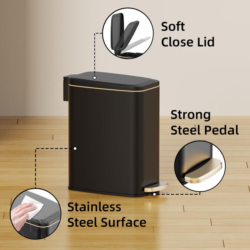 KSSKSS Small Bathroom Trash Can with Lid Soft Close, Step Pedal, 6L / 1.6 Gal Stainless Steel Garbage Bin with Removable Inner Bucket, Slim Wastebasket for Narrow Spaces (Black) - Image 4