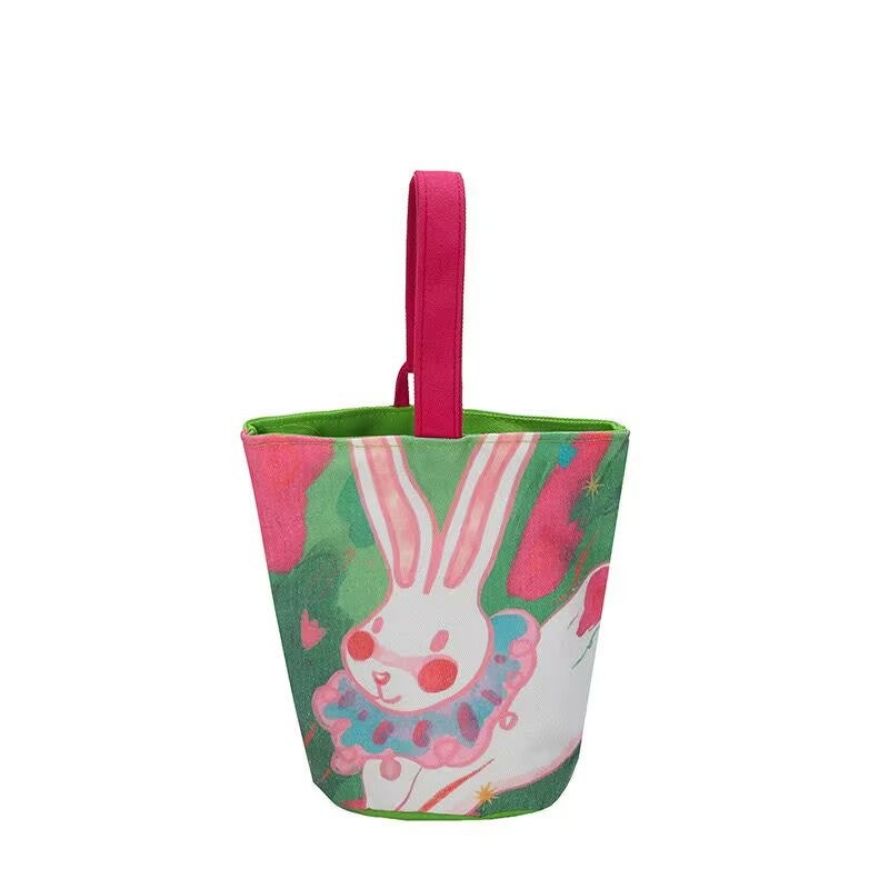 Oil Painting Illustration Ins Portable Bucket Bag Handbag Outgoing Snack Canvas Bag Cartoon Cute Outgoing Small Bag - Image 3