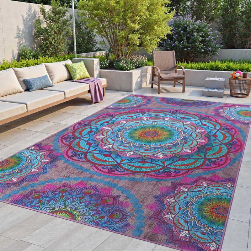Arenarug Meditation Indoor Outdoor Rug 5x8 ft Mandala Pattern Rug Boho Style,Yoga Meditation Mat Picnic Rug for Patio Living Room Porch Garden Deck Backyard Easy to Clean Non Shedding Non-Slip - Image 1
