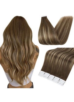 Fshine Full Shine Tape In Hair Extensions Real Human Hair 18 Inch Tape In Human Hair Extensions Balayage Color 4 Fading to 24 Caramel Blonde and 4 Medium Brown 50 Grams Glue in Hair Extension 20 Pcs 