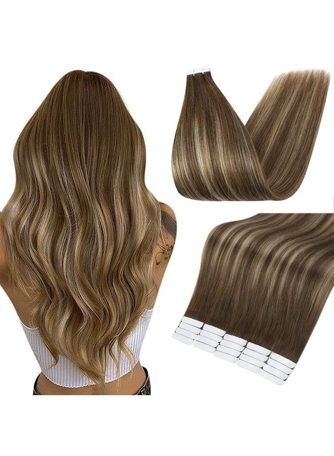 Full Shine Tape In Hair Extensions Real Human Hair 18 Inch Tape In Human Hair Extensions Balayage Color 4 Fading to 24 Caramel Blonde and 4 Medium Brown 50 Grams Glue in Hair Extension 20 Pcs