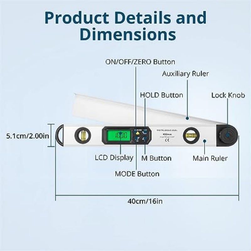 Digital Angle Finder Protractor, 16 Inch 400mm 0-225° Level Gauge Ruler with Backlit LCD Display Bubble Level Accurate Tool for Carpenter, Construction, Woodworking - Image 5