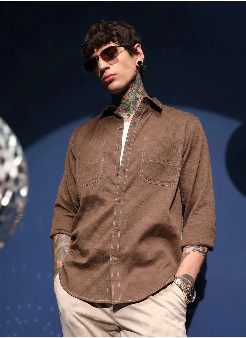 كامبوس سوترا Men's Mocha Brown Obliqa-Utility Relaxed Shirt For Casual Wear | Mid-Rise | Regular Fit | Button Closure | Shirt Crafted With Comfort Fit For Everyday Wear