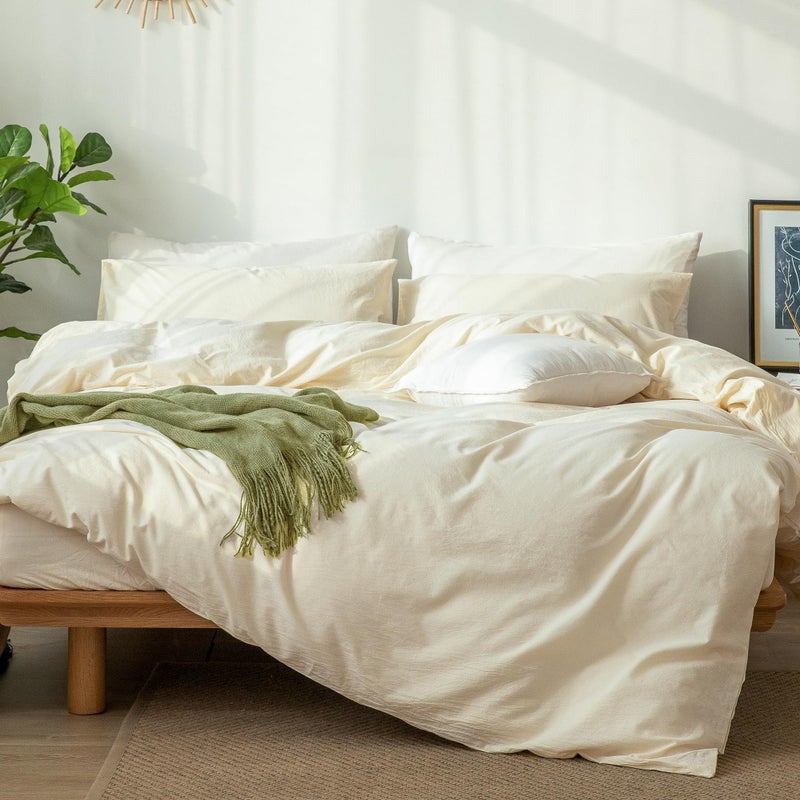 MooMee Bedding Duvet Cover Set 100 Washed Cotton Linen Like Textured Breathable Durable Soft Comfy Solid Cream White King 104x90