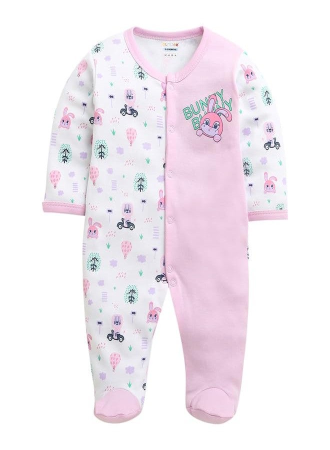 BUMZEE Girls Cotton Full Sleeves Sleepsuit White & Lilac - New Born (Peb10921A-wht) - Image 1