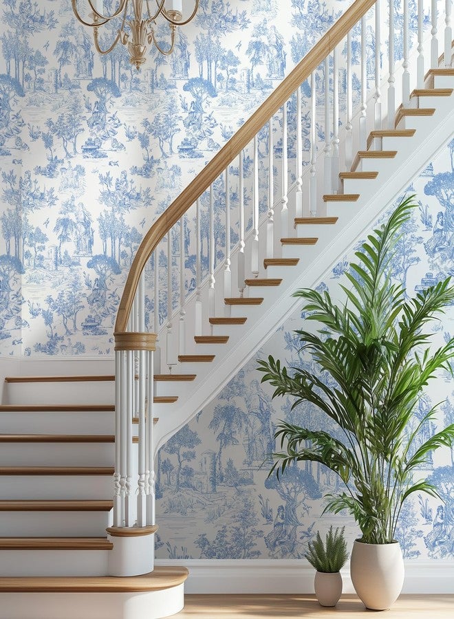 وينمر ورق جدران وينمر تويل، مقاس 17.7 بوصة × 118 بوصة، أزرق وأبيض، ورق جدران لاصق، ورق جدران تويل دو جوي، ورق جدران فرنسي عتيق لغرفة النوم، الجدران، الخلفية، الخزانة، ديكور المنزل - Image 3