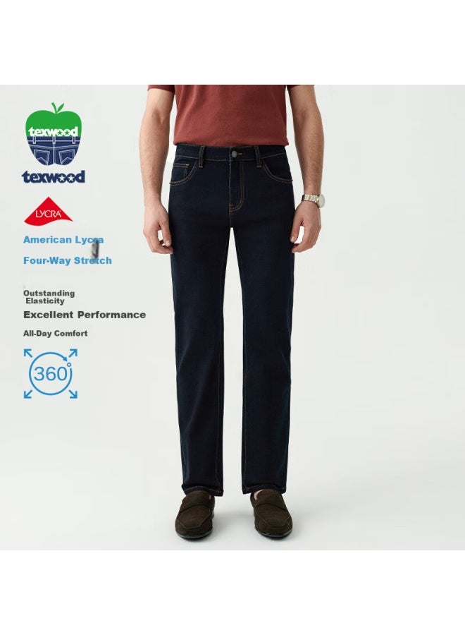 Texwood Apple Men's Denim Casual Cotton High Elasticity Long Pants Business Trendy Breathable Straight Pants Blue Black 40 - Image 1
