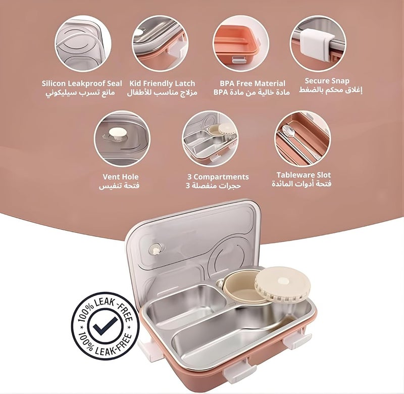 BrainGiggles 3-Compartment Thermal Lunchbox with Removable Inner Tray - Insulated, Leak Proof Bento Box Multifunctional Air Tight Food Container for Kids & Adults for Kids & Adults (Pink) - Image 3