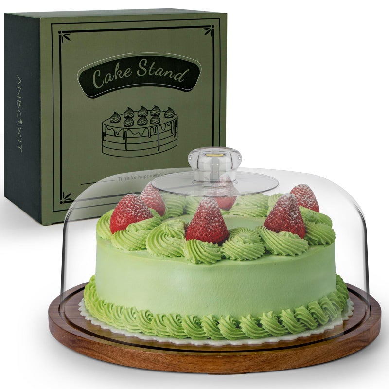 ANBOXIT Cake Stand with Dome Lid Acacia Wood Cake Plate with Cover Wooden Cake Display Stand with Acrylic Dome  Flat