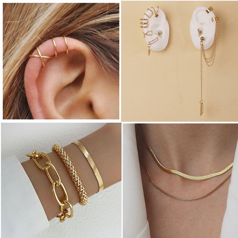 CONGYING 34 PCS Gold Color Jewelry Set with 3 PCS Necklace, 10 PCS Bracelet, 12PCS Ear Cuffs Earring, 9 Pcs Knuckle Rings For Women Valentine Anniversary - Image 4